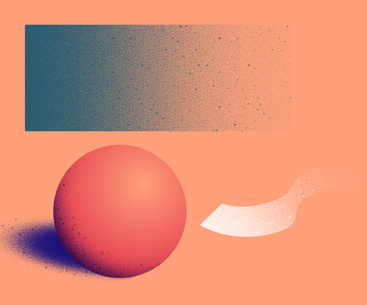 a rectangle, ball with shadow and wavy shape with a grainy, splotty gradient texture