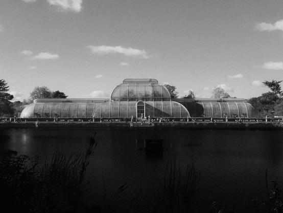 A black and white photo of the front of the Palm House at Kew Gardens with a lake in front of it.